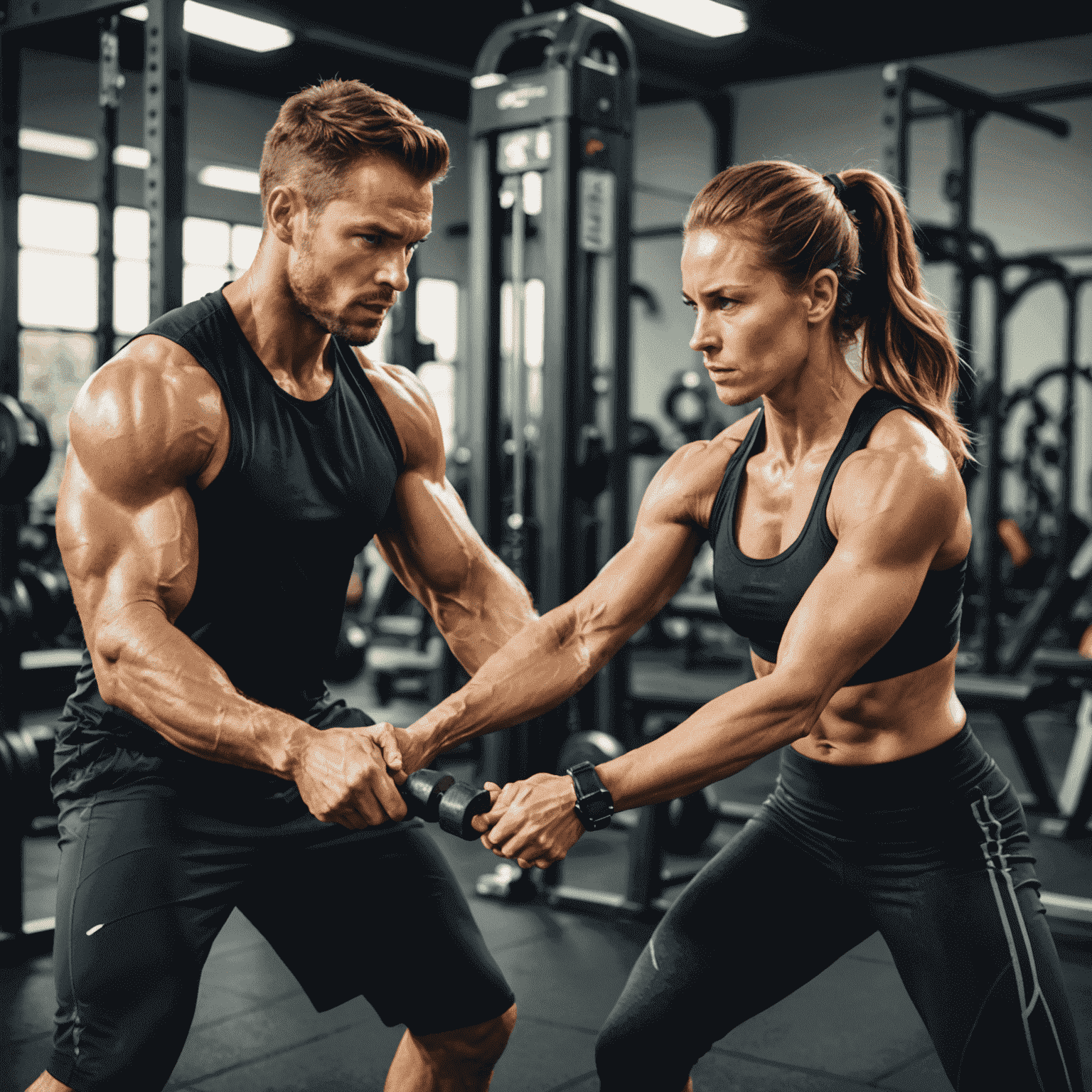 Dynamic image of a personal trainer guiding a client through a high-intensity workout, showcasing proper form and encouragement