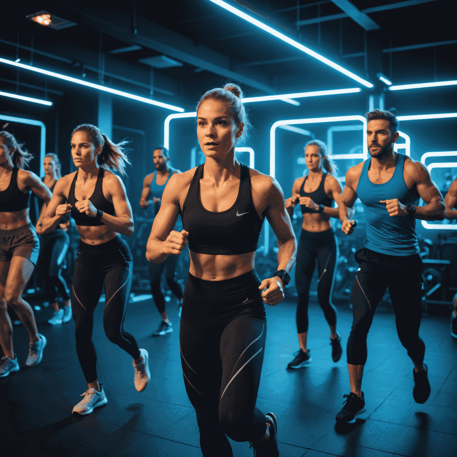 A group of diverse people participating in a high-energy HIIT class in a modern Munich gym, with neon lighting and state-of-the-art equipment visible