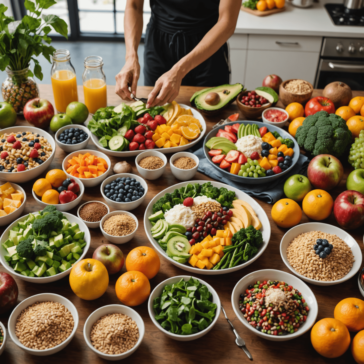 A vibrant image of various healthy foods arranged on a table, including colorful fruits, vegetables, lean proteins, and whole grains. In the background, a person in athletic wear is preparing a nutritious meal.
