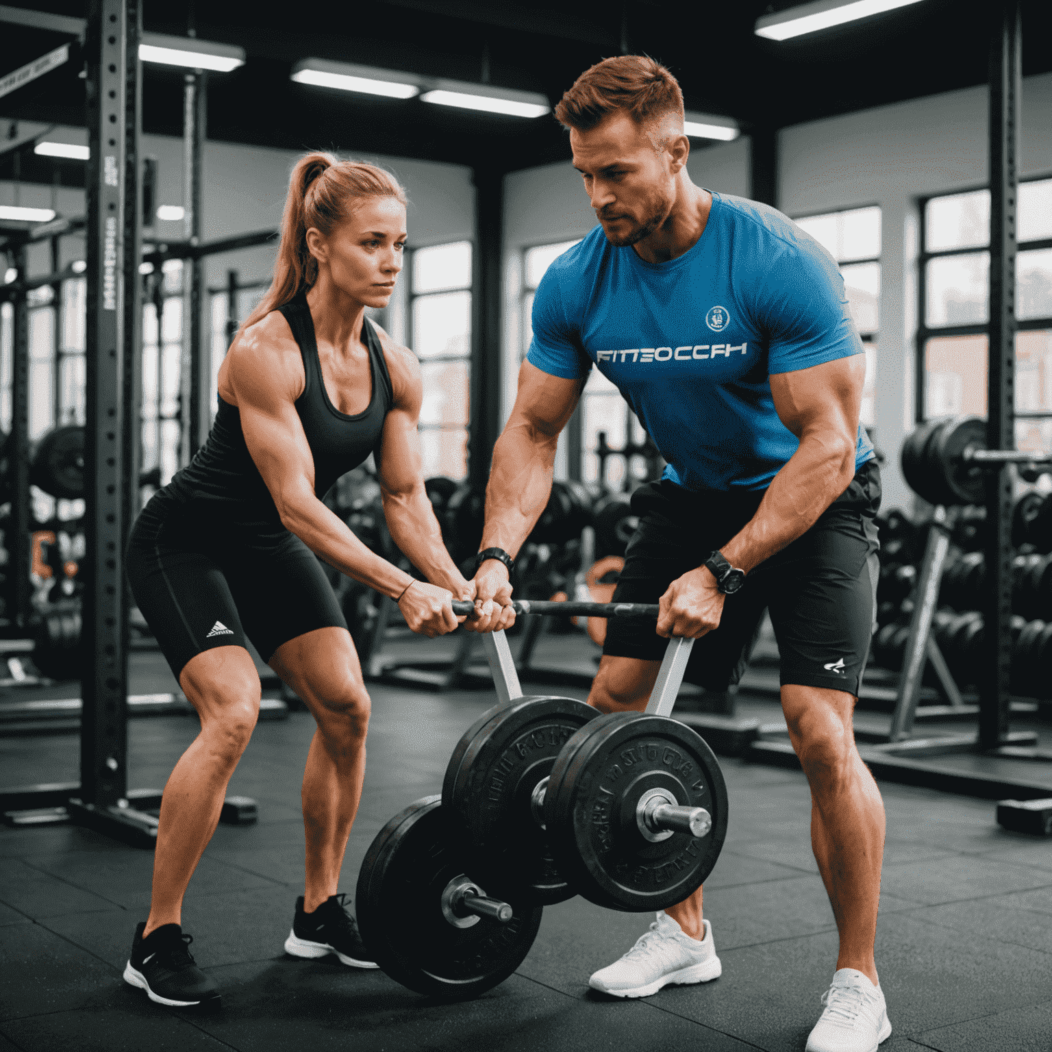 A personal trainer guiding a client through a weightlifting exercise, demonstrating proper form and technique. The trainer is wearing FitCoach Munich branded attire, and the gym equipment is visible in the background.