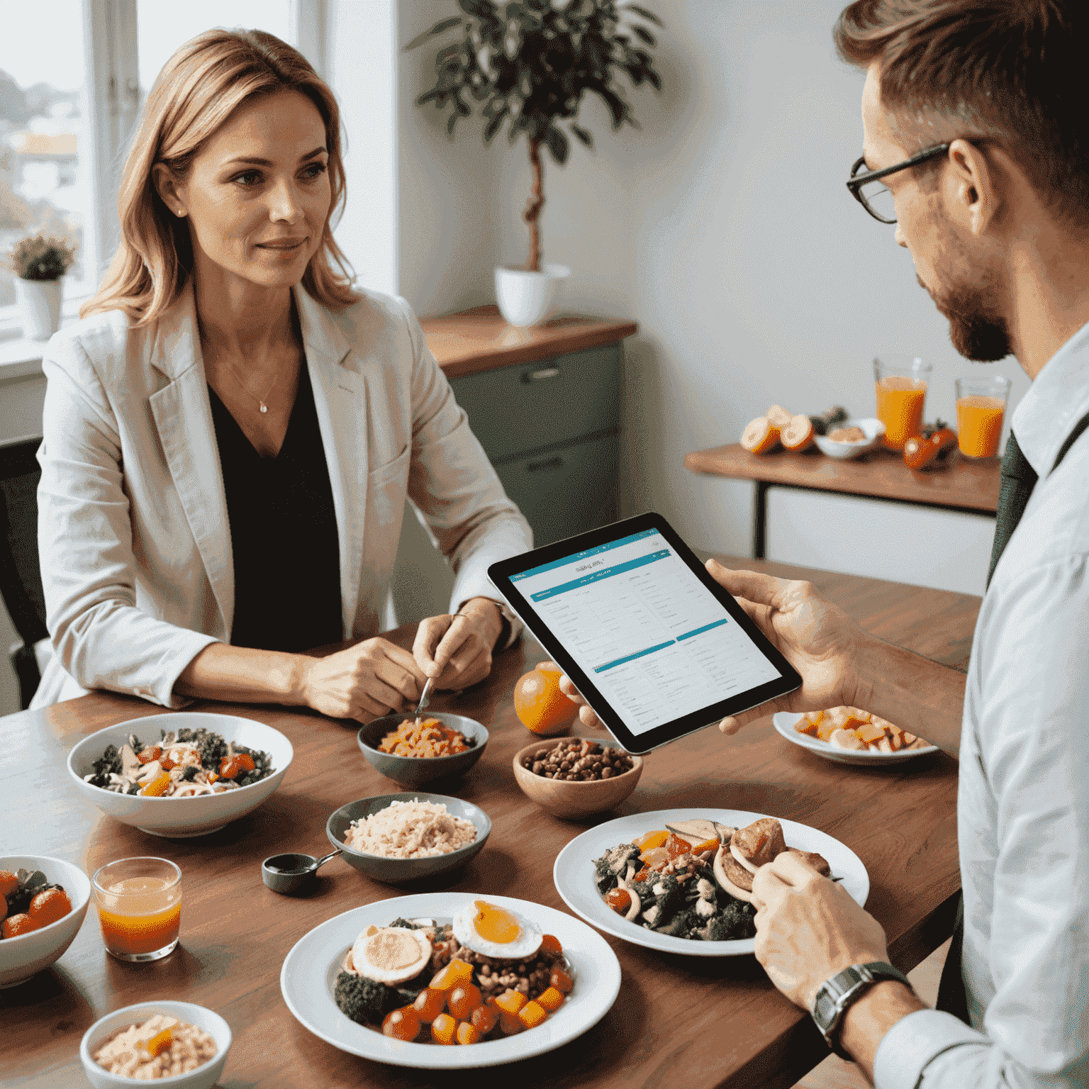A professional nutritionist consulting with a client, discussing a personalized meal plan spread out on a table. Various healthy foods and a body composition analyzer visible in the background.