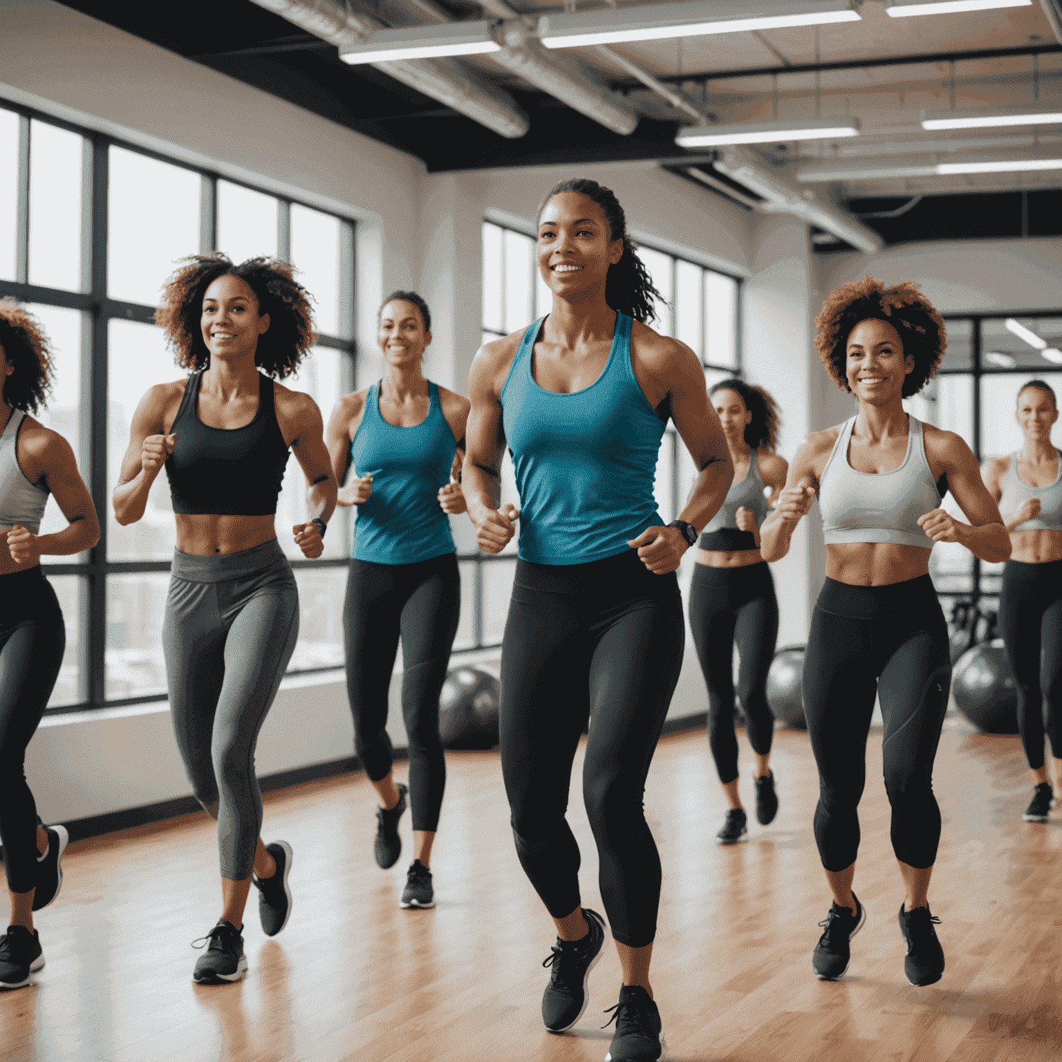 A group of diverse employees participating in a high-energy fitness class led by a FitCoach trainer in a modern office space. The image showcases teamwork, enthusiasm, and improved workplace wellness.