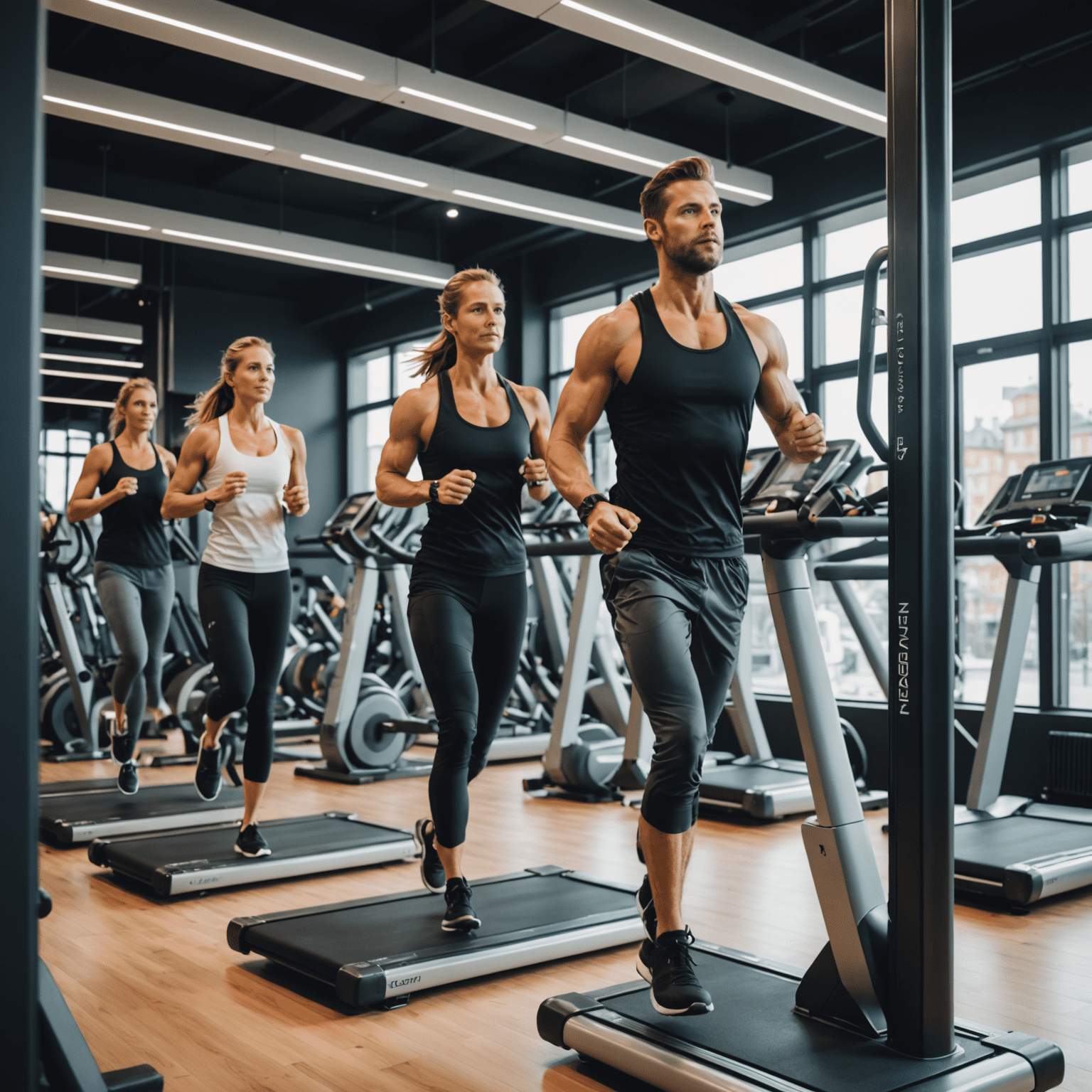 People exercising with new fitness equipment in a modern gym, showcasing the latest workout technologies in Munich