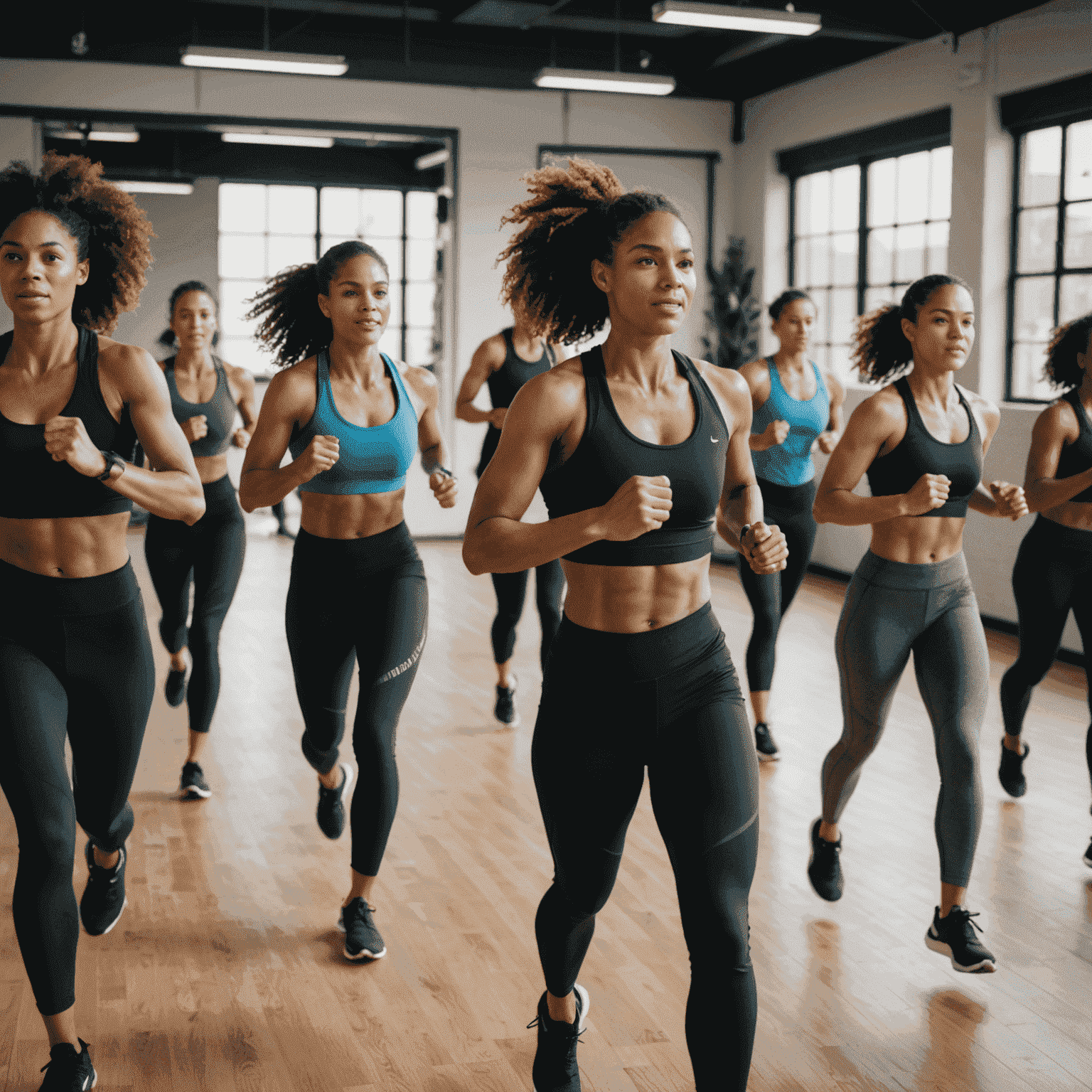 A high-energy group fitness class with diverse participants engaged in a HIIT workout, led by an enthusiastic instructor