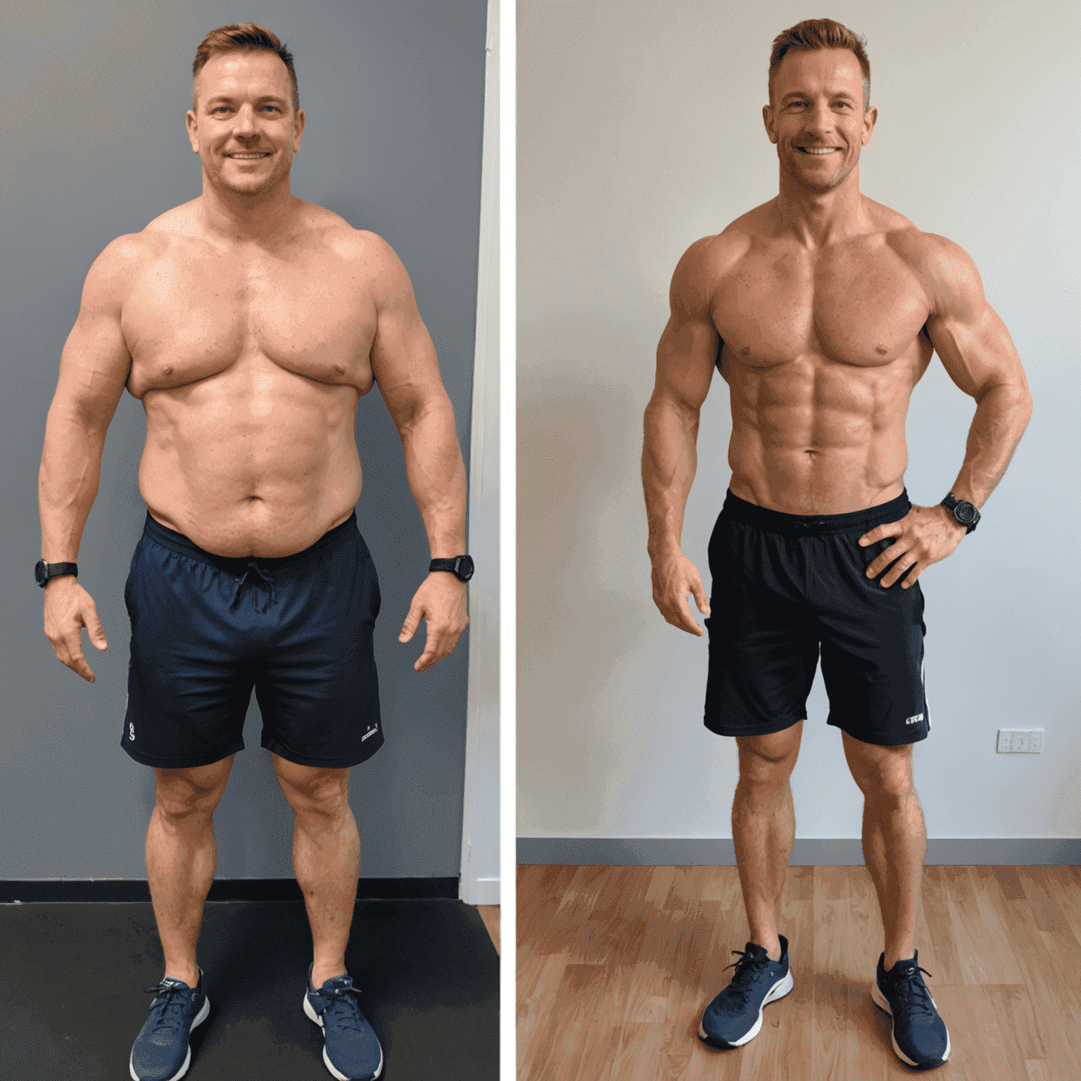 Before and after photos of a smiling client who has achieved significant weight loss and muscle definition through personal training at FitCoach Munich