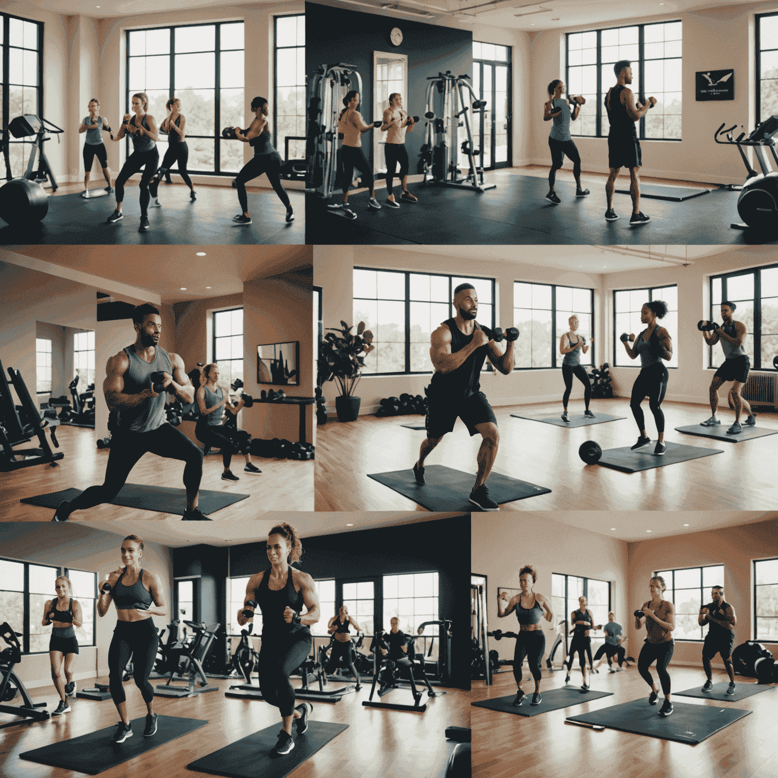 A split-screen image showing a diverse group of people working out in various locations - home gyms, parks, and hotel rooms. They all look motivated and are following along with a virtual trainer on their devices.