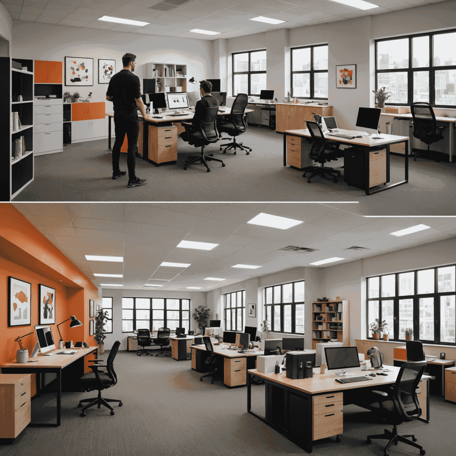 A before and after split image showing a transformed office environment. The 'before' side shows a sedentary workplace, while the 'after' side displays the same office with standing desks, exercise balls, and employees engaged in quick workout sessions.