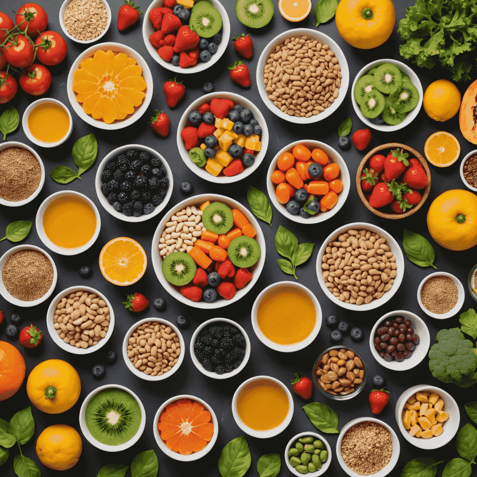 A colorful array of healthy foods and supplements arranged on a table, representing optimal nutrition for fitness in Munich