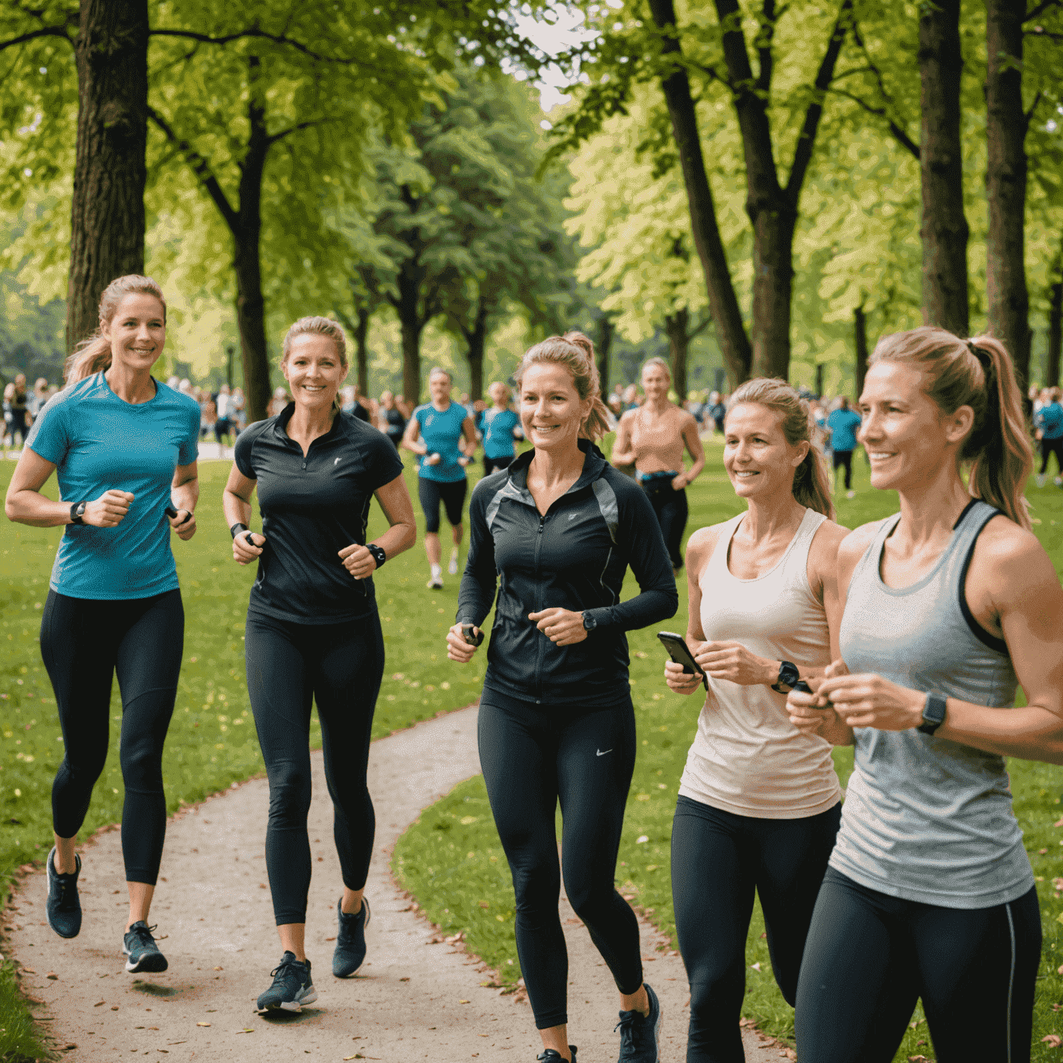 A group fitness session in Munich's English Garden, with participants using smartwatches and fitness trackers