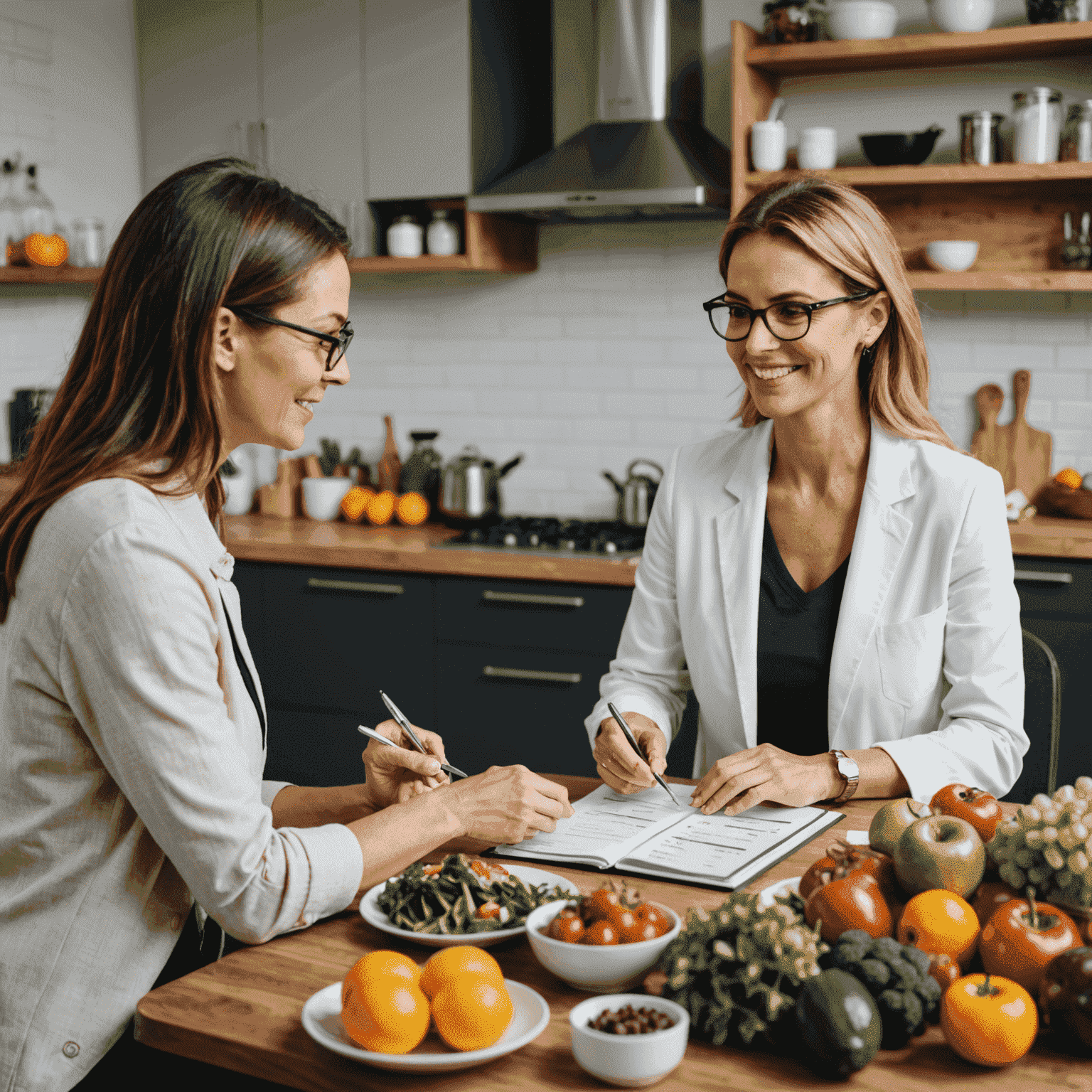 A nutrition expert discussing a personalized meal plan with a client, surrounded by fresh, healthy foods and nutritional charts