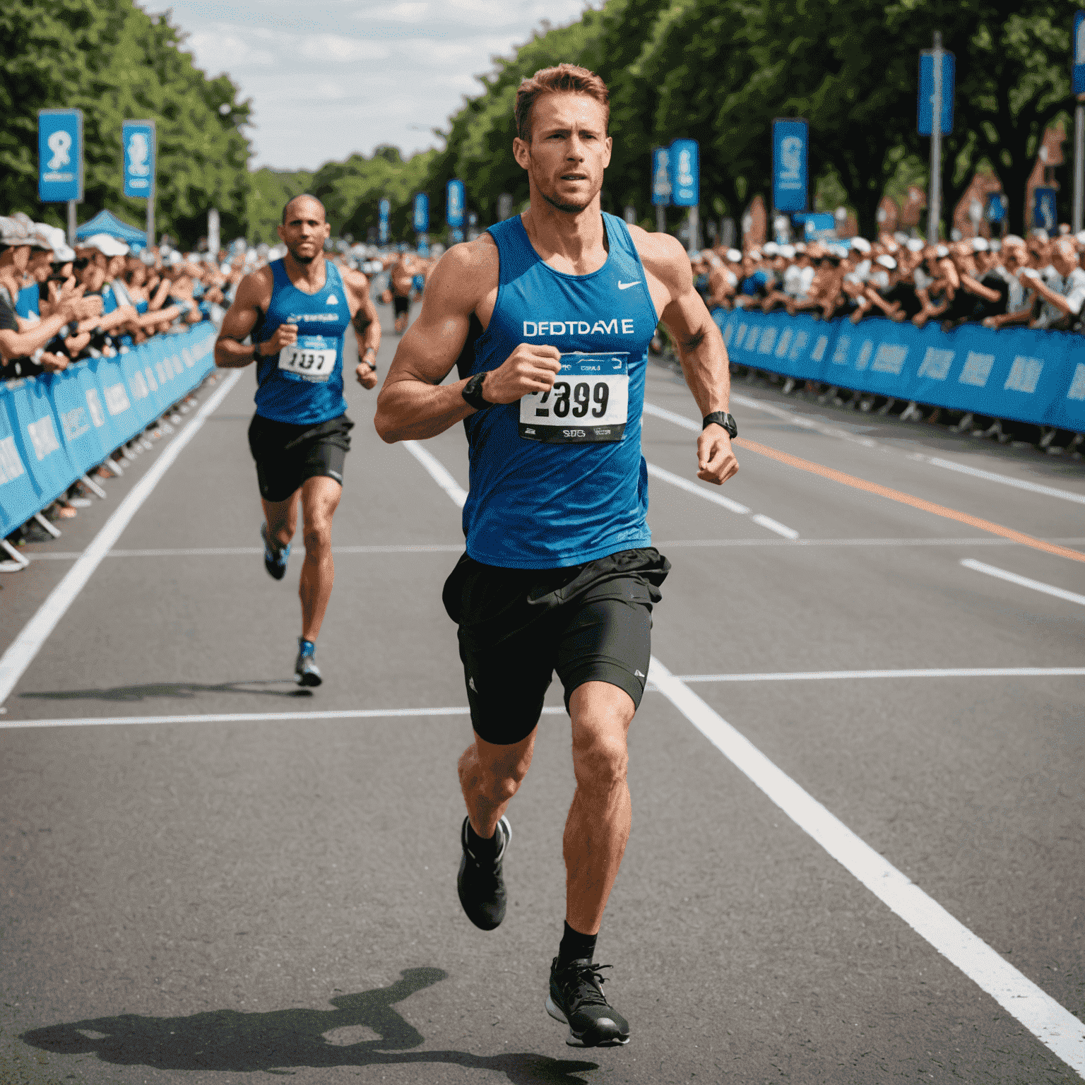 A client crossing a marathon finish line, illustrating the endurance gains from their personal training program