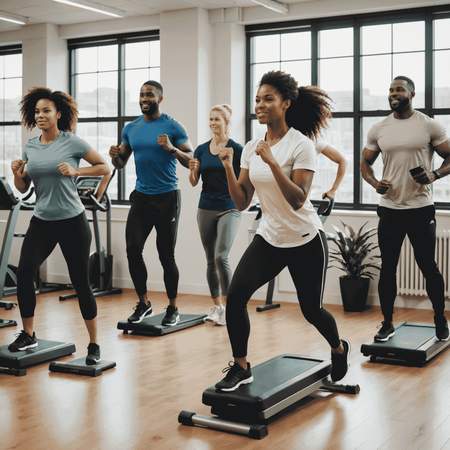 A group of office workers participating in a workplace fitness session, with exercise equipment and motivational posters visible